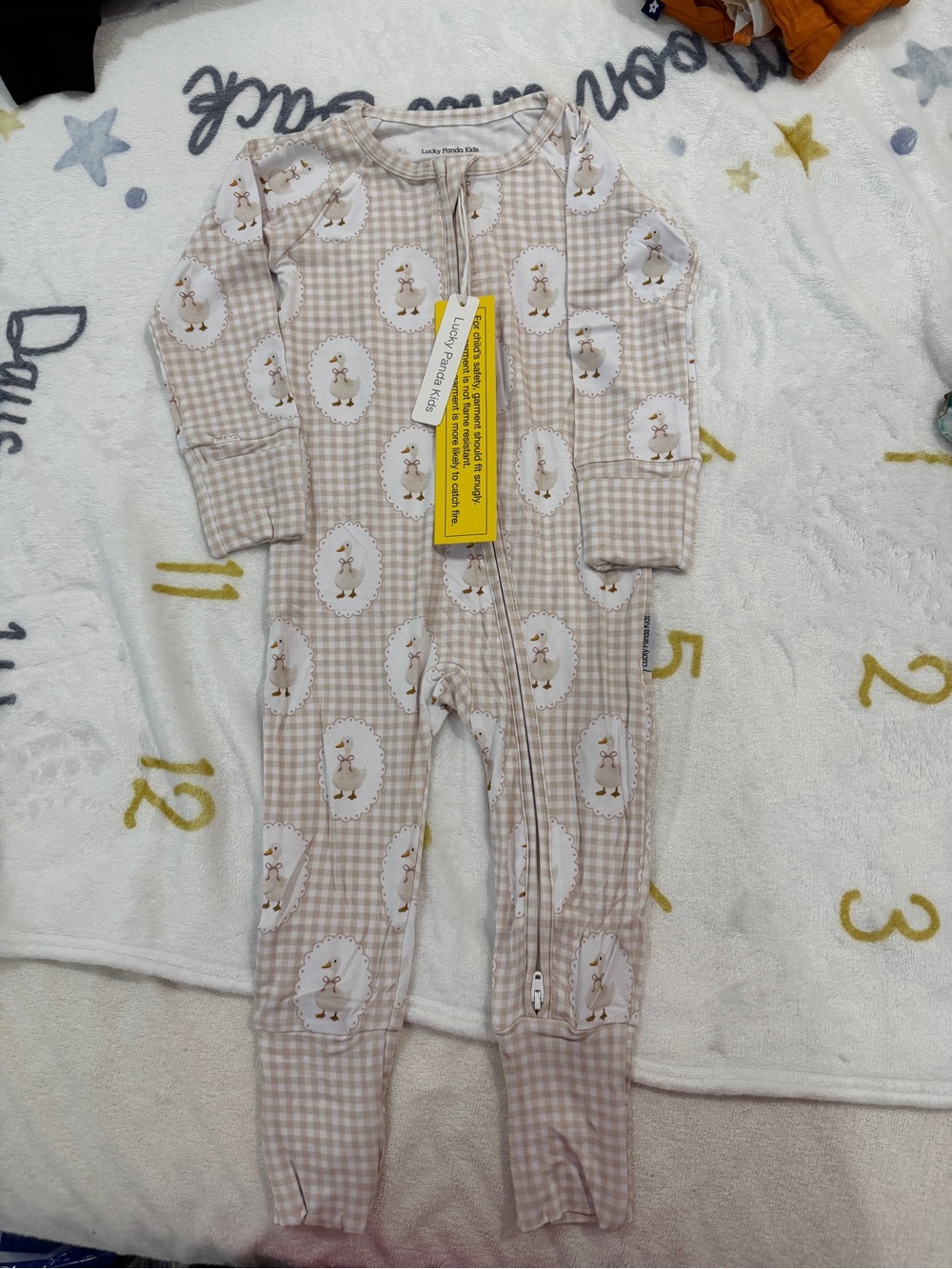 Lucky Panda Kids Bamboo Zip romper， Gingham and goose， 6-12M